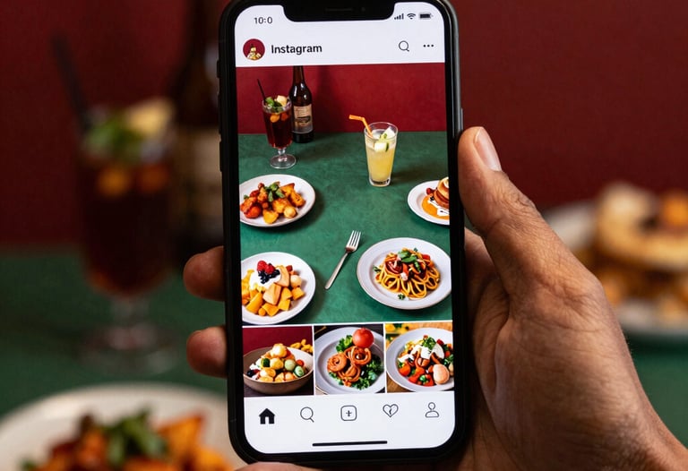 Hand holding a smartphone displaying an Instagram feed full of vibrant food photos in Deep Crimson Red and Matte Forest Green tones. European / Iberian setting.