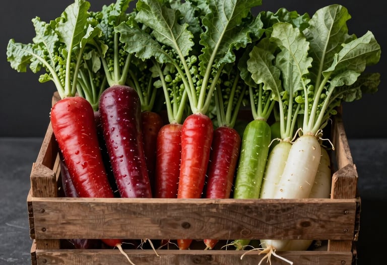 A beautifully organized crate of heritage vegetables from a local farm. Vibrant reds and greens, studio lighting, Charcoal Black backdrop.