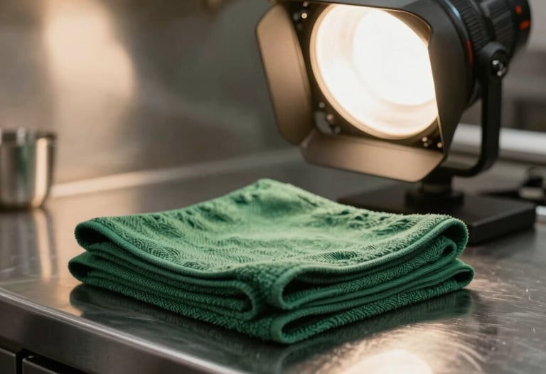 A close-up of a professional lighting setup in a restaurant kitchen for a photo shoot. Gleaming stainless steel, Matte Forest Green kitchen towels, warm glowing light.