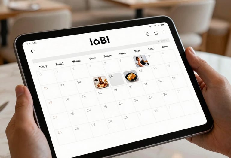 Close up of a tablet displaying a social media content calendar for a restaurant. Background shows a blurred Scandinavian-style dining room with Warm Bone White furniture.