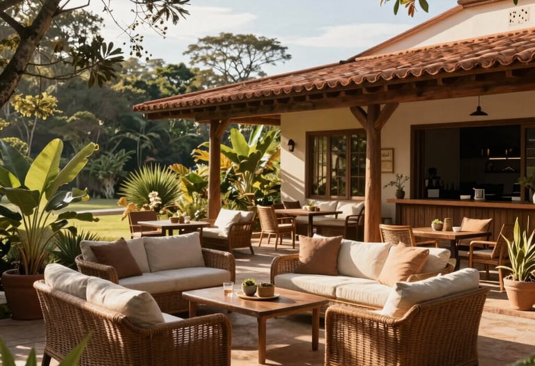 An inviting outdoor terrace with comfortable seating, bathed in warm sunlight, surrounded by native plants. South American &amp;#x2F; Brazilian architecture.