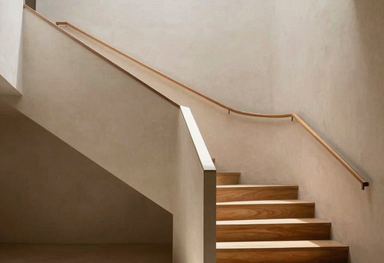 An elegant staircase with minimalist lines, bathed in natural sunlight. Light beige walls and wood steps. South American &amp;#x2F; Brazilian architecture.