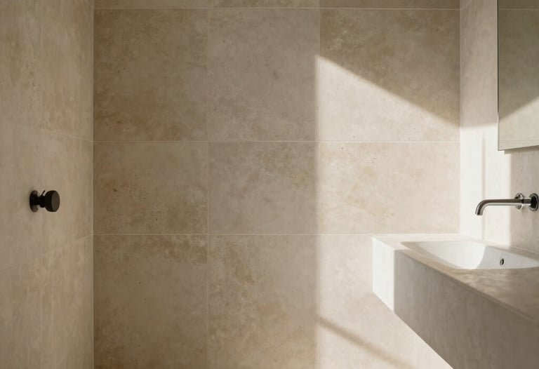 A serene bathroom interior with light beige stone tiles, soft natural light, and minimalist fixtures. South American &amp;#x2F; Brazilian setting.