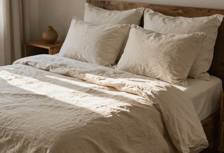 A beautifully styled bedroom interior with natural light streaming across medium beige linen sheets. Authentic human comfort. South American &amp;#x2F; Brazilian setting.