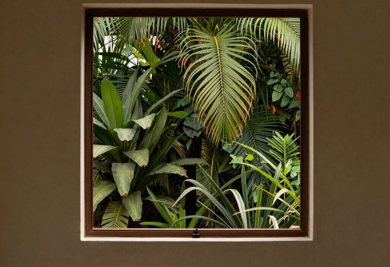 A beautifully framed window showing lush greenery outside, contrasting with the minimalist medium beige interior walls. South American &amp;#x2F; Brazilian setting.