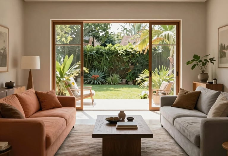 A spacious, minimalist living room with a large window framing a sunny garden. Comfortable salmon and grey furnishings. South American &amp;#x2F; Brazilian setting.