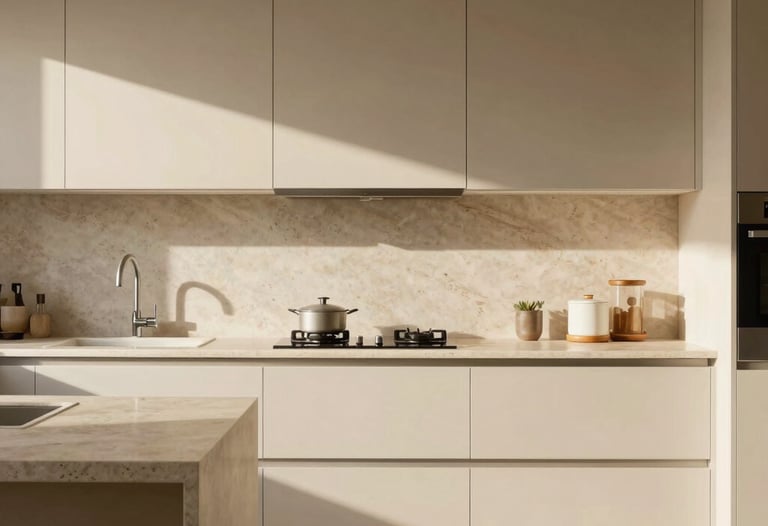 A sunlit minimalist kitchen with light beige cabinets and elegant stone countertops. South American &amp;#x2F; Brazilian setting, cinematic lighting.