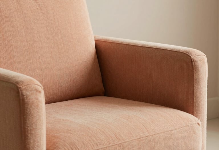 A close-up shot of a cozy reading corner with a soft salmon armchair and light beige textures. South American &amp;#x2F; Brazilian setting. Minimalist and elegant.