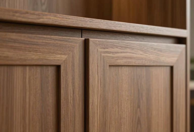 An architectural close-up of custom cabinetry renders, showcasing realistic wood grain textures and sophisticated matte finishes under warm, focused lighting.