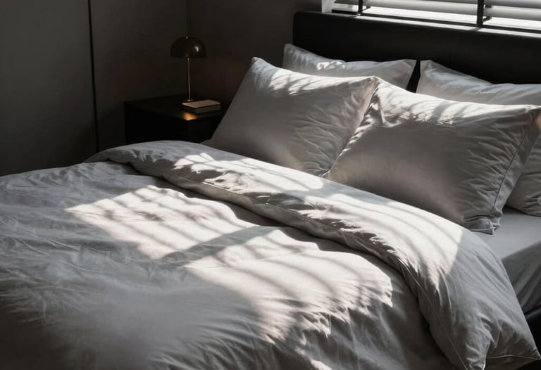 A high-contrast photograph of a luxury bedroom visualization, showing the play of shadows from window blinds on soft bed linens in a modern US home.