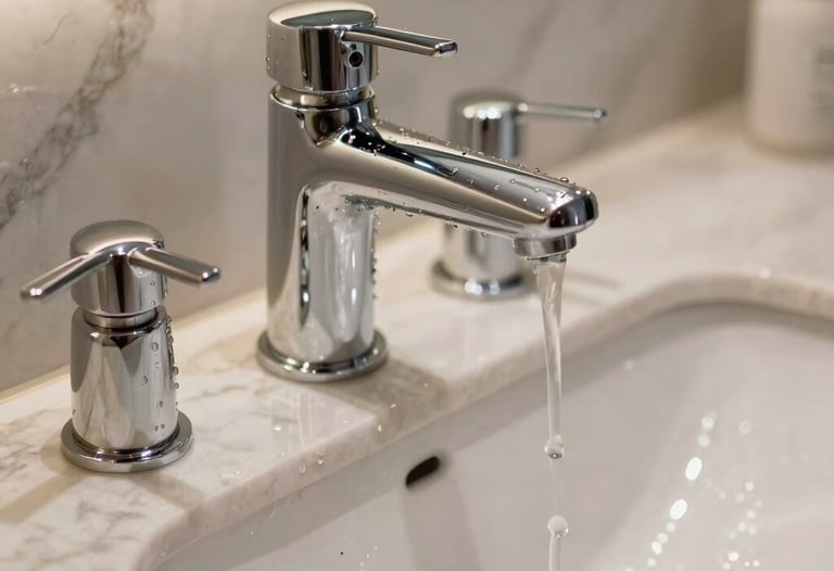 A detailed vertical photography shot of a luxury bathroom vanity, showing realistic water droplets on a chrome faucet and soft ambient lighting reflecting off marble surfaces, showcasing high-quality 3D rendering textures.