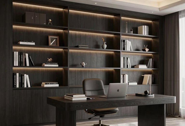 An architectural rendering of a luxury home office, North American style, featuring dark charcoal built-in shelving and sophisticated lighting.