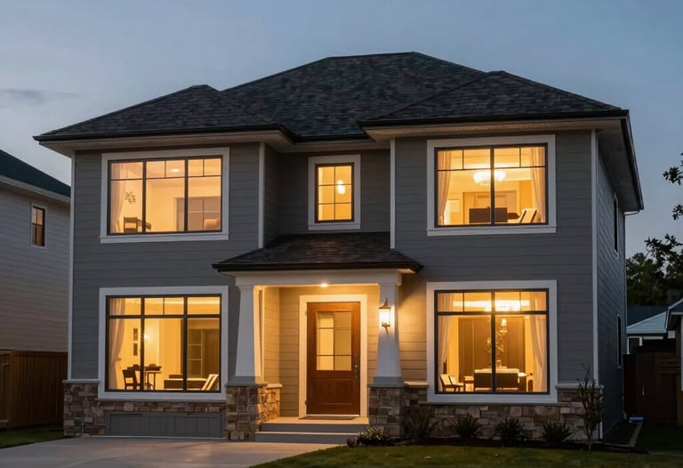 A technical rendering of a residential exterior at twilight, showing warm interior lights glowing through expansive glass windows in a North American landscape.