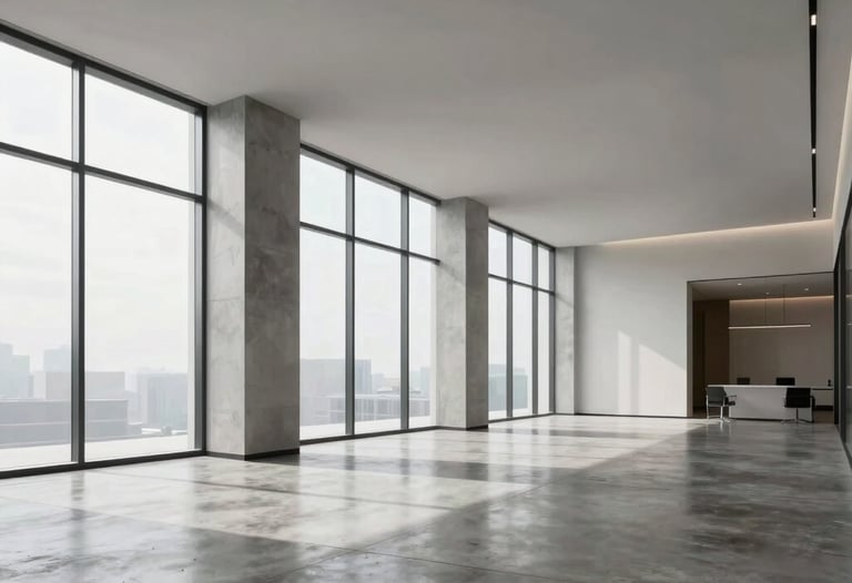A wide-angle photography shot of a sleek, minimalist corporate office lobby render, North American style, featuring floor-to-ceiling windows and polished concrete floors.