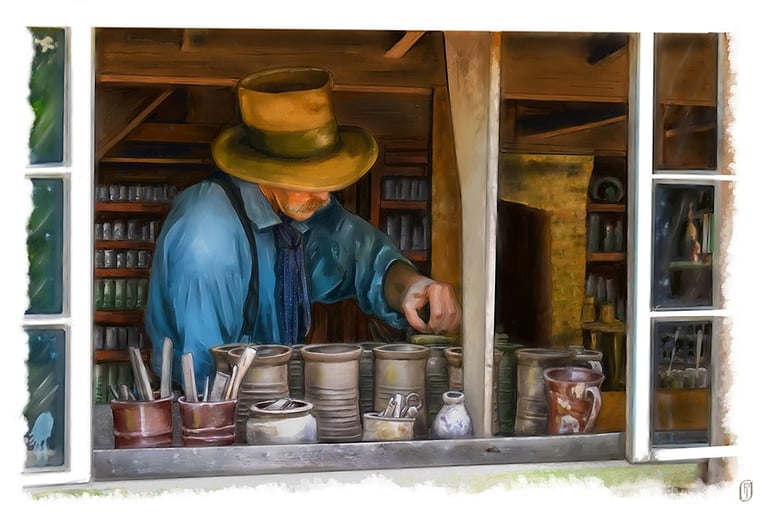 Digital painting of a potter and his jars, as seen through a window