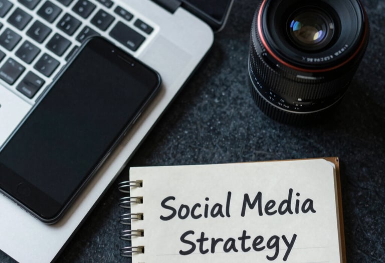 A beautiful flat lay of a laptop, a smartphone, and a notepad with 'Social Media Strategy' written in Spanish. Soft, professional lighting with blue tones.