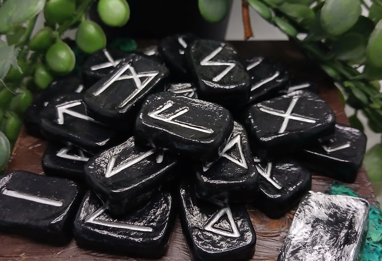 A pile of black Elder Futhark rune stones with silver engravings resting on a wooden altar.
