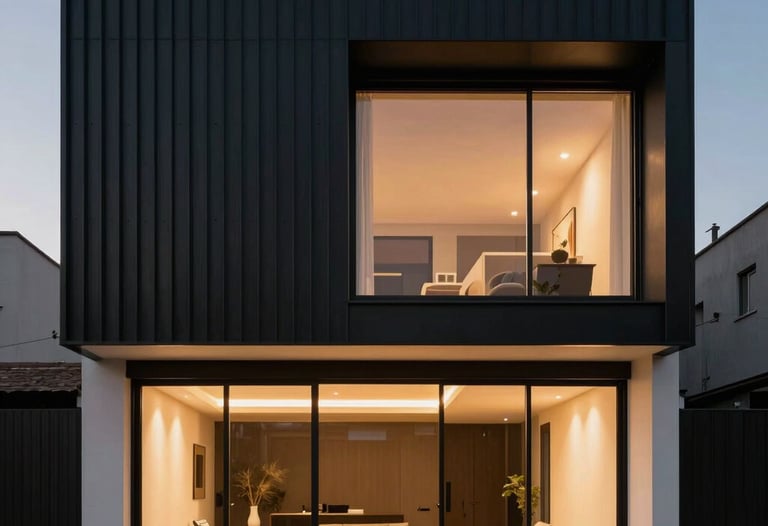 Sleek, minimalist residential facade at dusk, South American / Chilean architecture with black metal accents and warm interior lighting.