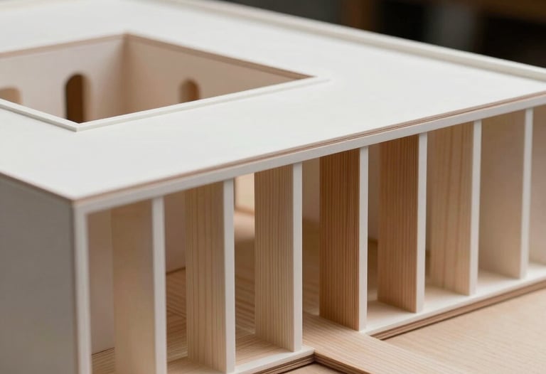 Close-up of a high-end architectural model with clean white lines and wooden textures, sitting in a South American / Chilean studio.