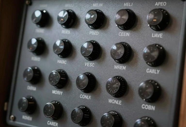 Vista de primer plano de un panel de control digital para una aplicaci&oacute;n de audio, con diales oscuros y tipograf&iacute;a blanca n&iacute;tida.