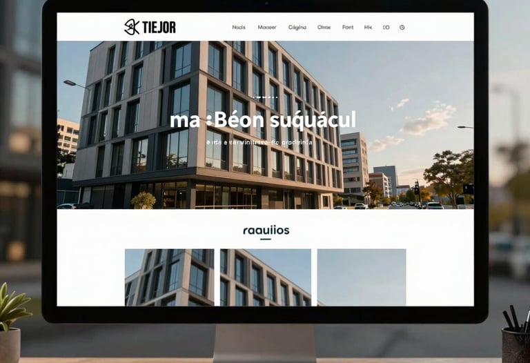 Primer plano de una p&aacute;gina web de escritorio con un dise&ntilde;o de cuadr&aacute;cula limpia y fotograf&iacute;a de alta calidad de arquitectura moderna.