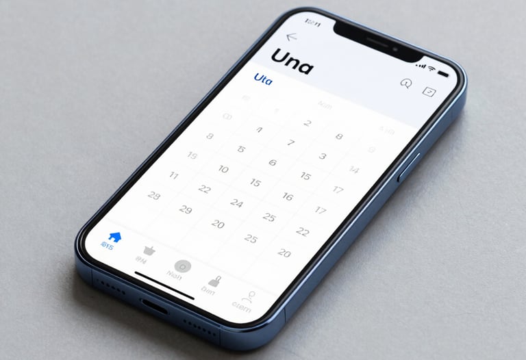 Una interfaz de aplicaci&oacute;n de calendario minimalista mostrada en una pantalla de smartphone con fondos en gris suave y acentos en azul acero.