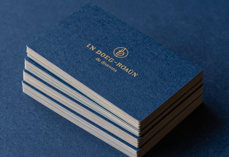 Un bodeg&oacute;n de dise&ntilde;o que muestra una colecci&oacute;n de tarjetas de visita con bordes pintados y un logotipo en relieve sobre un fondo azul oscuro profundo.