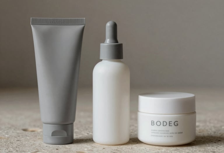 Bodeg&oacute;n de productos de cuidado de la piel en envases minimalistas grises y blancos sobre una superficie de piedra natural bajo una luz suave.