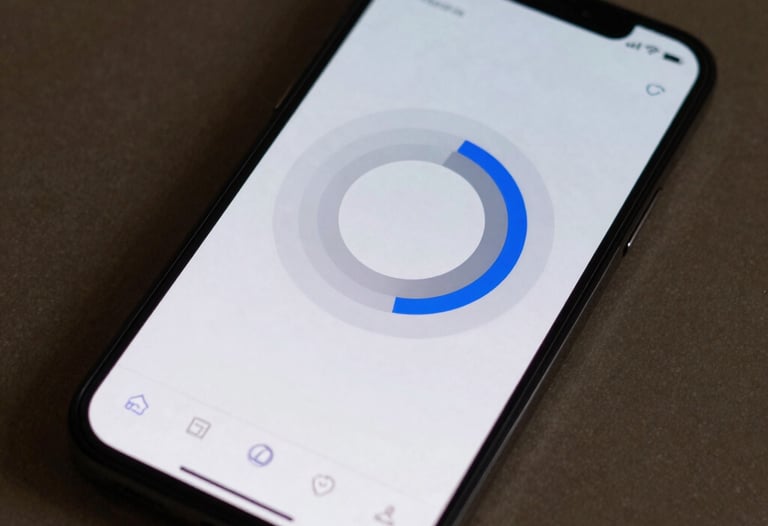 Imagen de alta resoluci&oacute;n de una pantalla de smartphone mostrando una interfaz de usuario minimalista con gr&aacute;ficos circulares elegantes en tonos grises y azules.