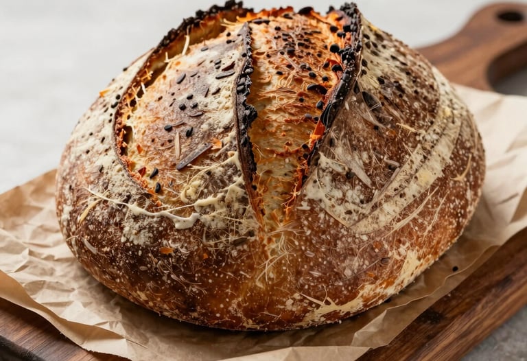 Close-up of a rustic sourdough loaf on a dark wooden board, crisp parchment paper underneath, soft natural lighting.