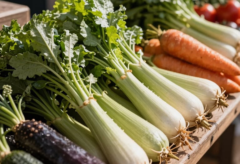 A beautifully arranged farmer's market stall with fresh organic vegetables, natural sunlight, earthy tones.
