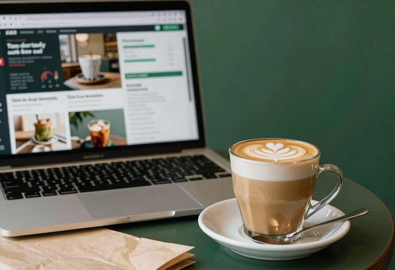 A stylish coffee shop setting, a laptop displaying social media analytics next to a latte, crisp parchment and matte forest green tones.
