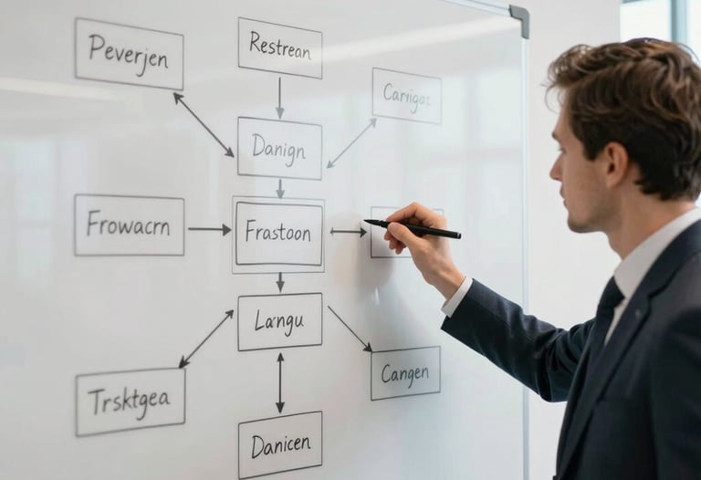 Two agency strategists sketching a campaign roadmap on a whiteboard, bright modern office, crisp parchment tones.