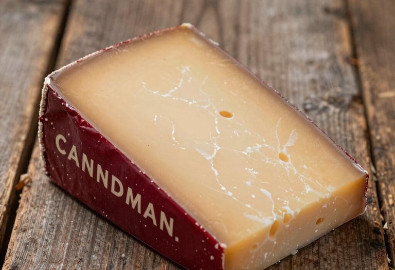 Close-up of a beautifully packaged artisanal cheese, rustic wood background, deep crimson accents, scandinavian style.