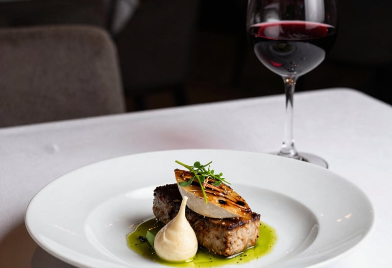 A stylishly plated scandinavian dish in a cozy restaurant setting, deep red wine glass nearby, soft ambient lighting.