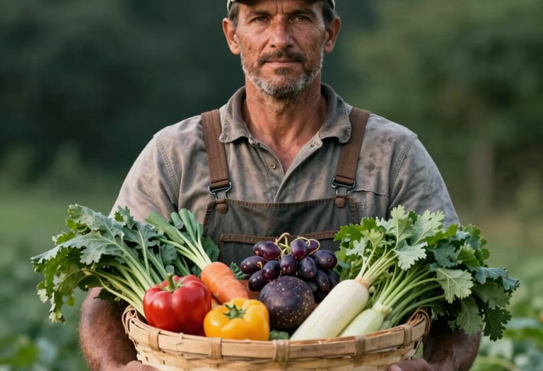 A local farmer proudly holding a basket of fresh produce, earthy tones, deep green background, North American / European.