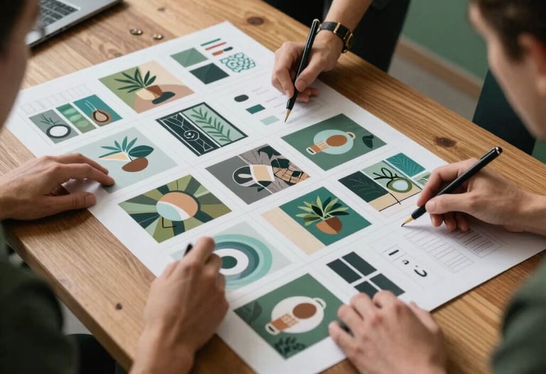 Behind-the-scenes shot of a marketing team reviewing a brand moodboard on a large wooden table, matte forest green accents.
