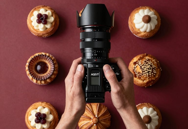 Agency team member taking top-down photos of artisanal pastries, deep crimson and taupe background, soft window light.