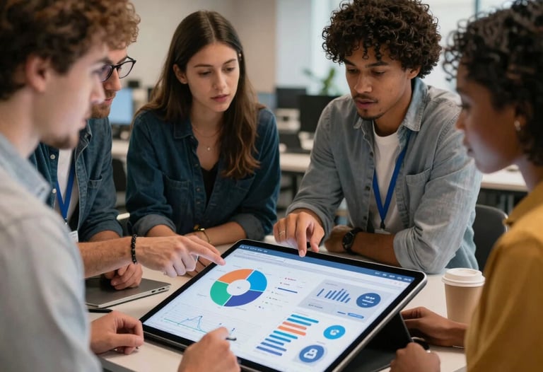 Lifestyle photography of a diverse team in a North American tech hub discussing strategy around a large digital tablet displaying social media analytics.