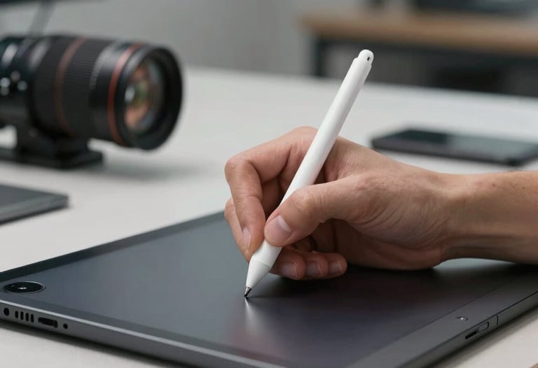 Action photography of a designer's hands using a stylus on a professional tablet, with a blurred modern international studio in the background.