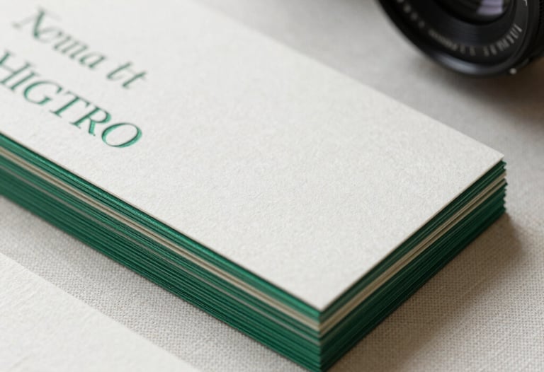 Macro photography of high-end letterpress business cards with emerald green foil edges, stacked on an off-white linen surface, elegant and tactile.
