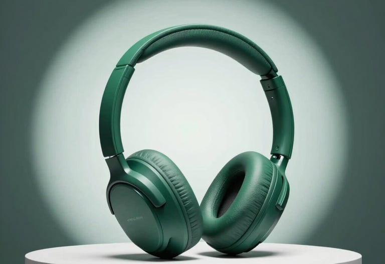 Clean, minimalist studio photography of modern wireless headphones on a white pedestal, illuminated with a sharp emerald green spotlight, North American professional style.