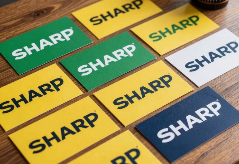 Sharp photography of creative brand guidelines spread out on a wooden table, showcasing logo variants in green, yellow, and navy blue.