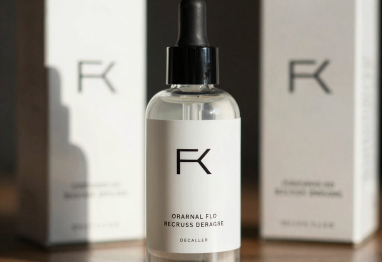 Photography of luxury skincare packaging with minimalist black typography on white glass bottles, reflecting an international high-end aesthetic.