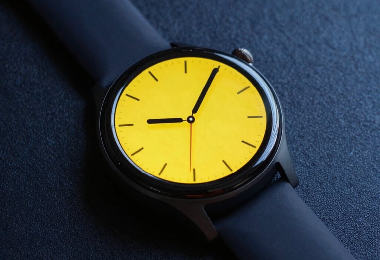 High-contrast photography of a sleek smart watch with a bright yellow interface against a dark blue textured background, dynamic studio lighting.