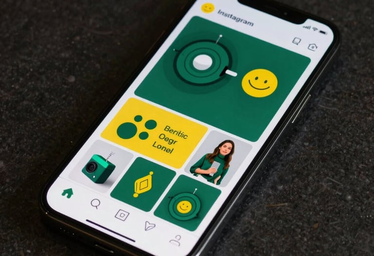 A well-composed shot of a modern smartphone displaying a stylish Instagram feed with cohesive emerald green and yellow brand colors.