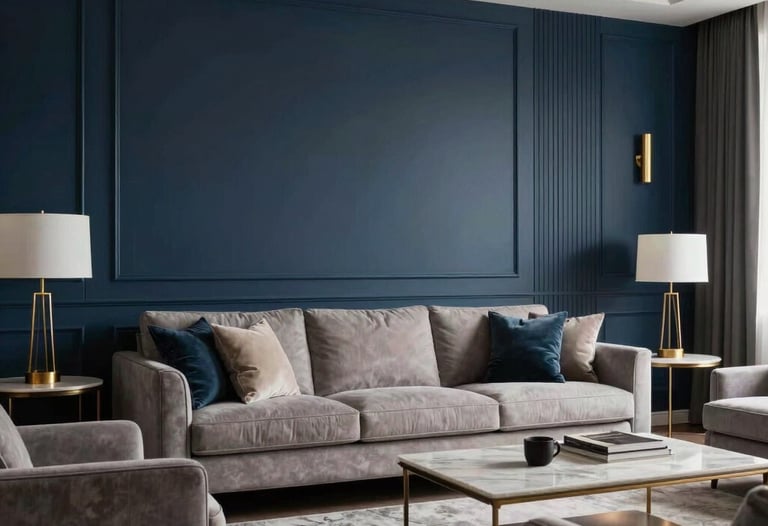 An elegant interior view of a modern living room featuring classic yet modern furniture, dark blue walls, and gold light fixtures. Professional architectural photography.