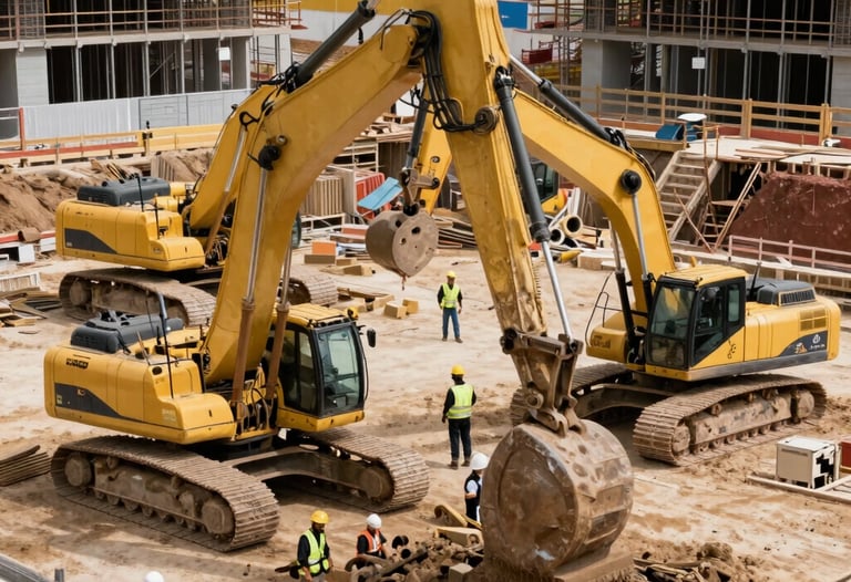 High-resolution photography of a large-scale construction site at the foundation stage, showing modern machinery and organized management. Global Professional / International.