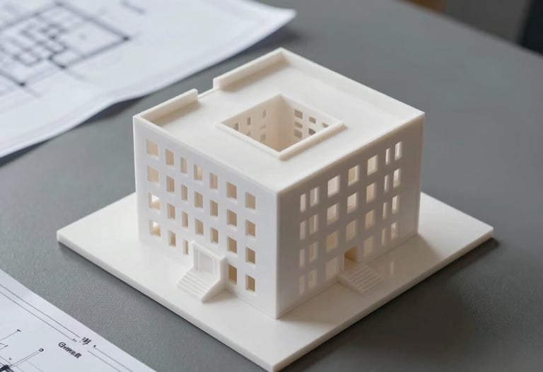 Close-up photography of architectural blueprints and a 3D building model made of white acrylic on a clean charcoal grey desk, Global Professional / International.