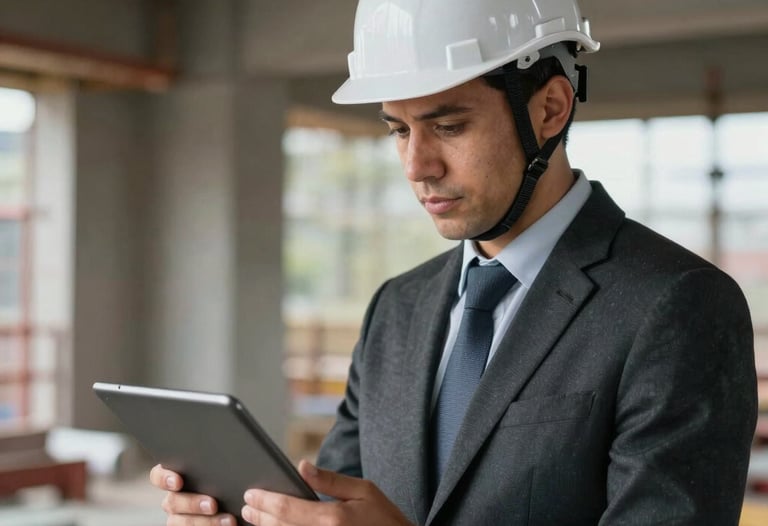 A professional portrait of an architect at a construction site, wearing a white helmet and looking at a digital tablet. Global Professional / International.